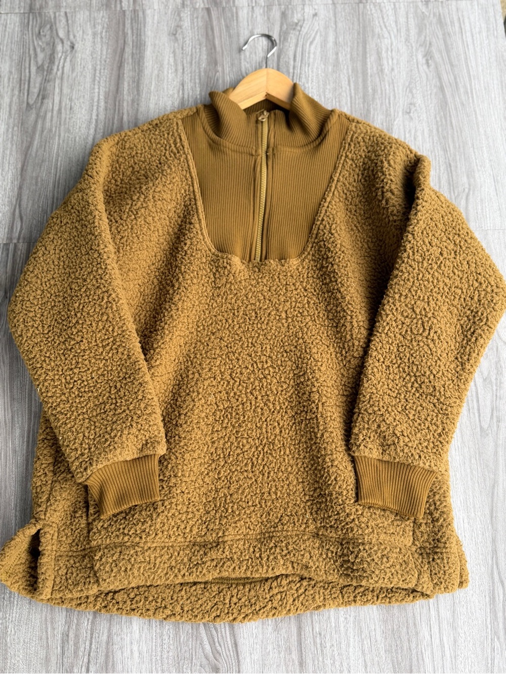 Aerie Oversized Dream Sherpa Quarter Zip Fleece Pullover Sweater Brown Tan XS
